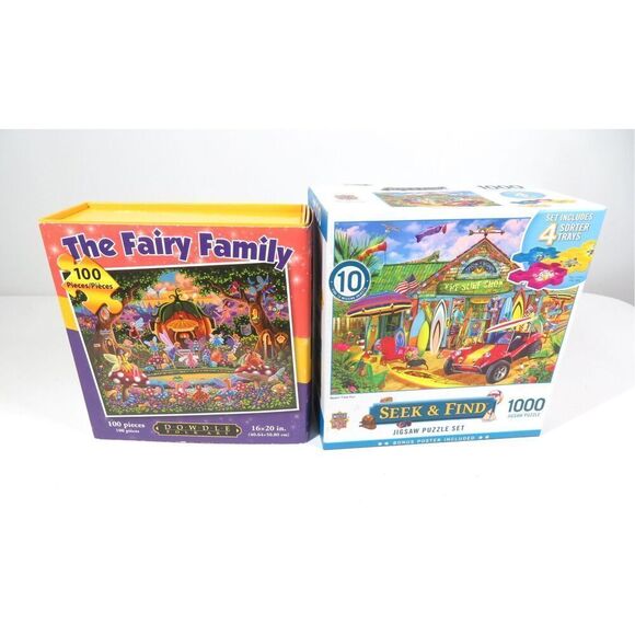 Dowdle Folk Art The Fairy Family Jigsaw Puzzle Seek & Find Beach Time Fun Set 2 - Picture 1 of 5